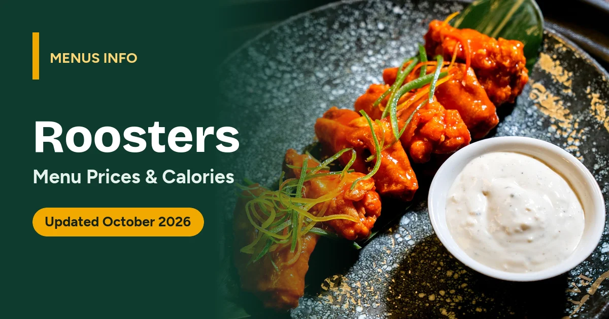 Roosters menu with prices and calories